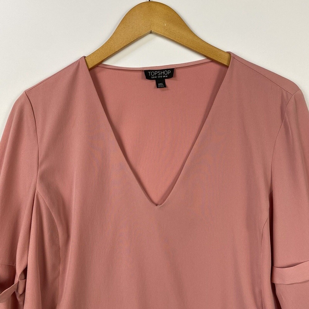 TOPSHOP Women's Top Size 10 Pink Long Sleeve V-Neck Blouse - Picture 2 of 11
